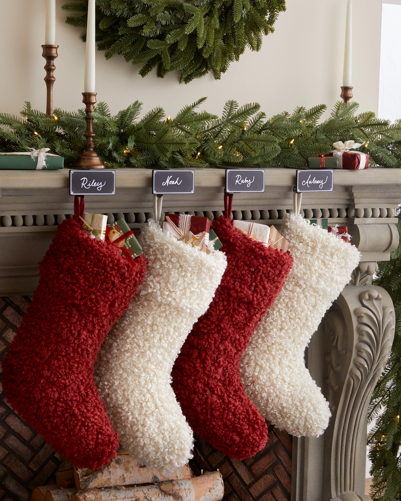 Product styling chalkboard stocking mantle clips with red and white boucle stockings