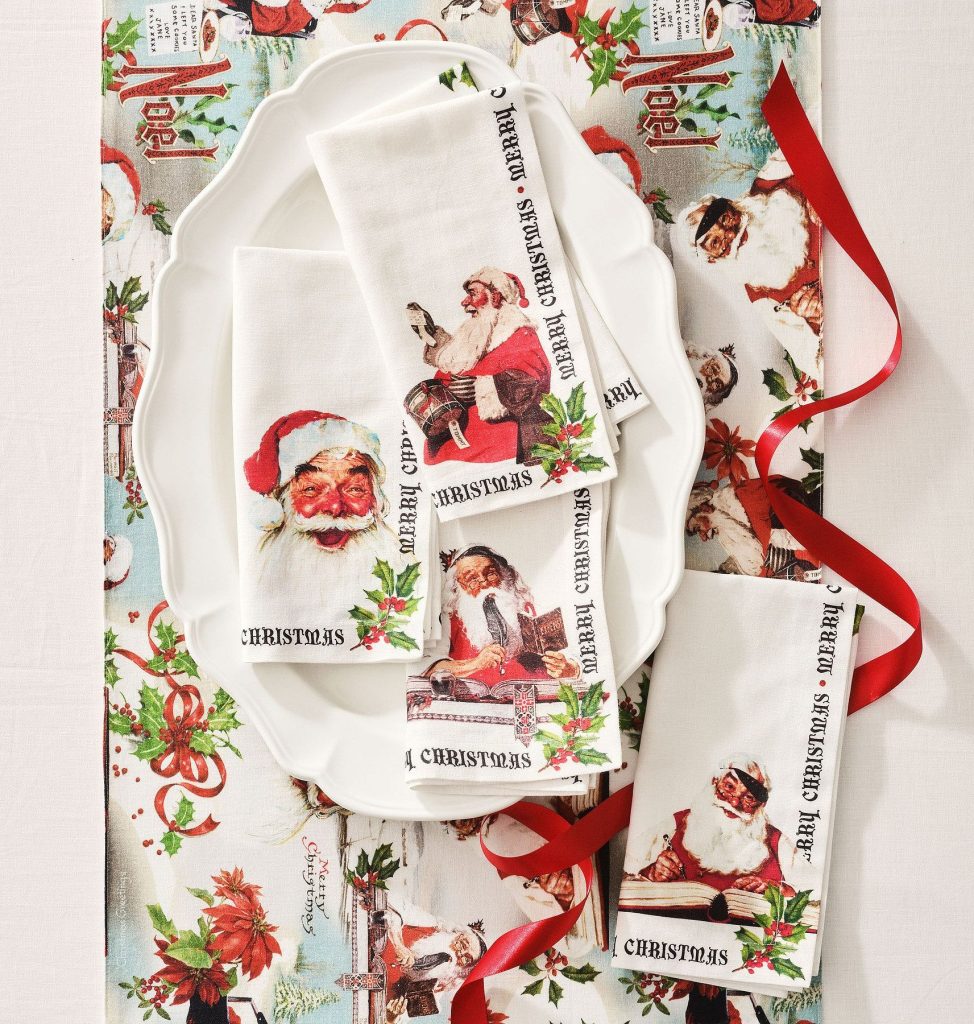 Product styling white platter with runner and napkins | Norman Rockwell collaboration with Pottery Barn