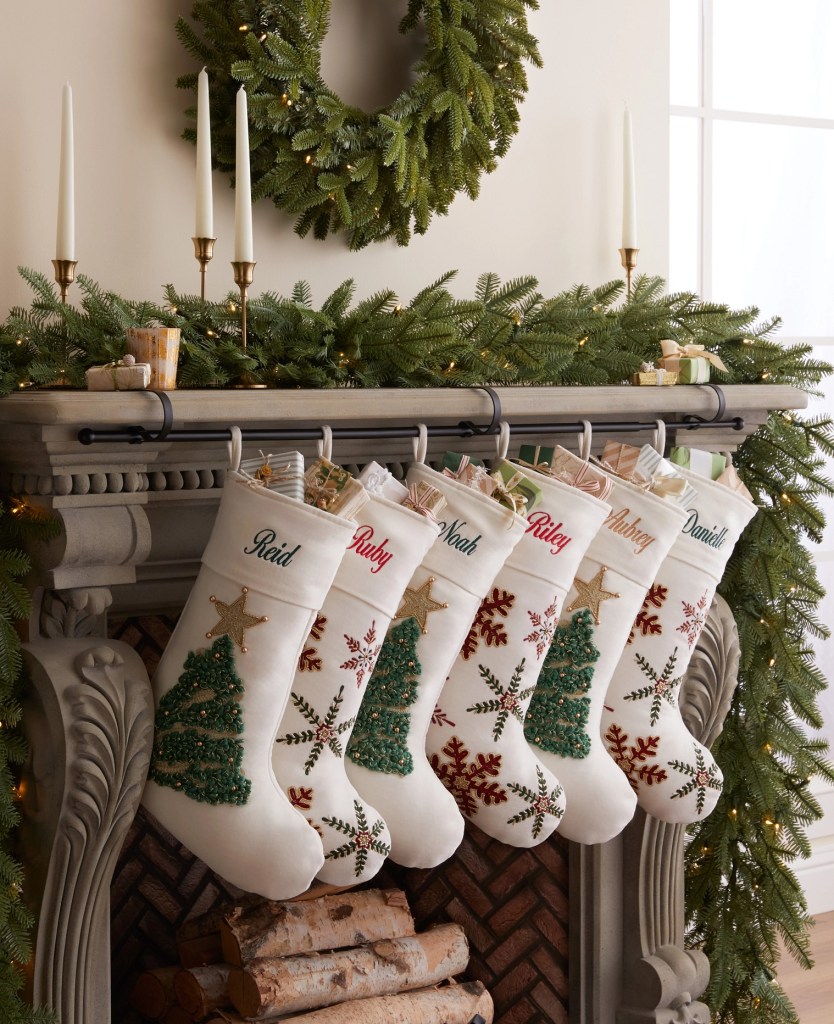 Product styling stocking mantle rail with filled embroidered stockings